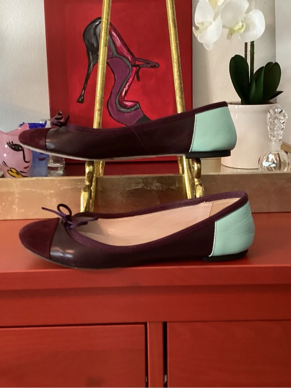 Barneys New York CO-OP Burgundy Ballet Flats with Mint Heel Accent